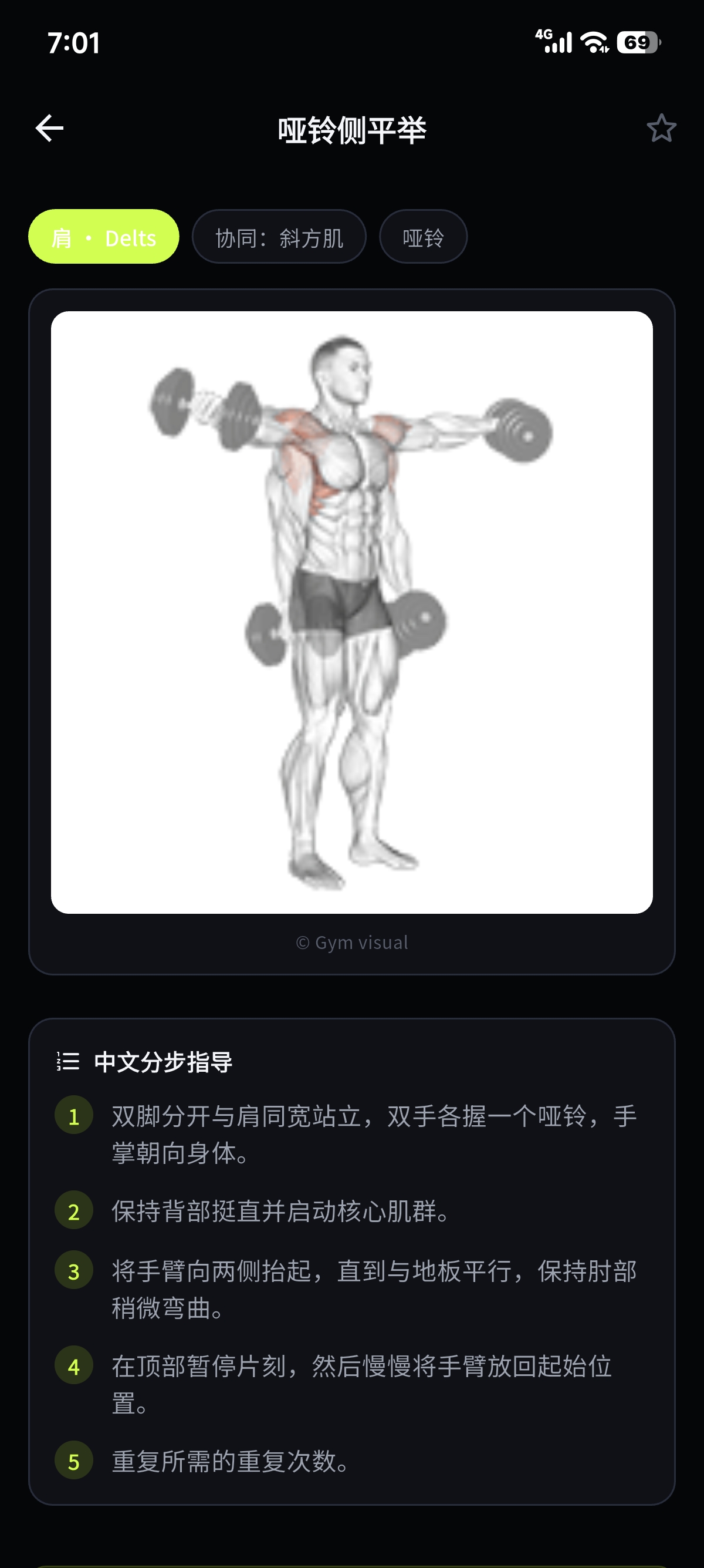 LiftLink 动作详情页面：肌肉高亮图解与中文分步指导